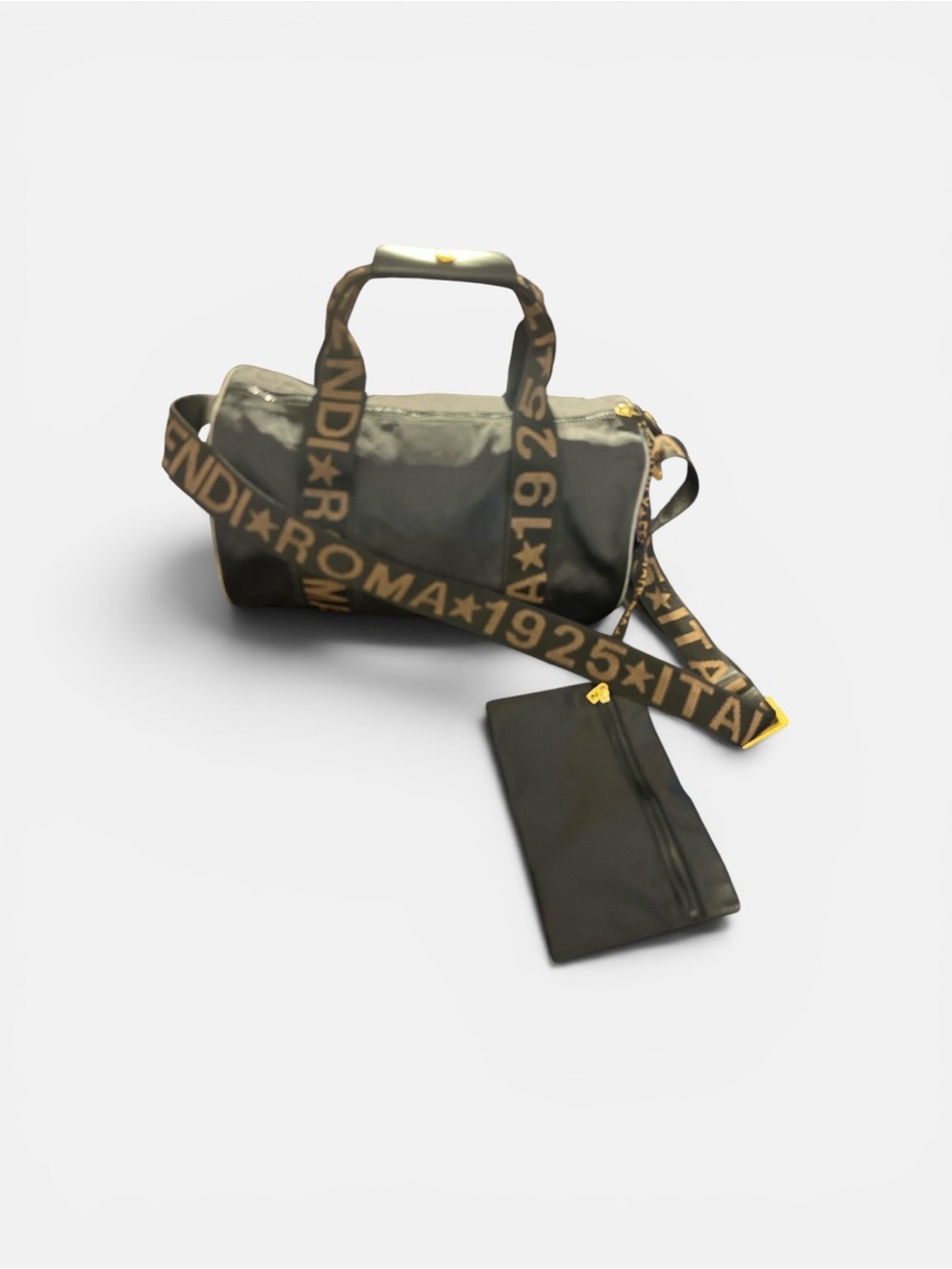 Fendi Black Nylon Duffel with Branded Brown Webbing Strap